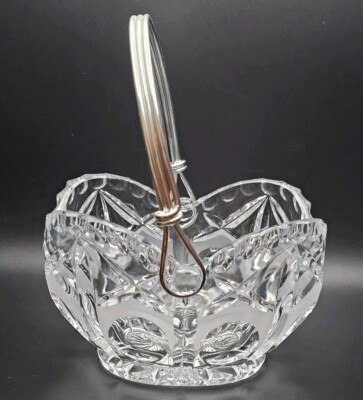 Vintage Cut Crystal Glass Basket Bowl Scalloped Dish Silver Detachable Handle 