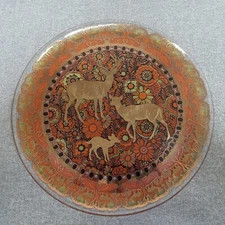 Vtg MCM 1960s 13.25" Glass Platter Gold Deer Family Buck  Doe Fawn Orange Floral