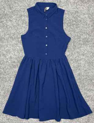 Divided By H&M A Line Dress Womens 4 Blue Stretch Sleeveless Button Ruched Zip