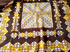 1970s Geometric Brown Yellow White Polyester Scarf Kerchief 27.75x26.75