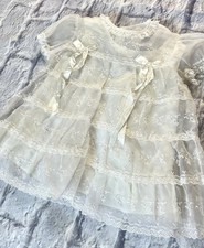 80' 90  s VTG Christening Off-White SHEER ORGANZA Dress 6 To 12 Months Vintage