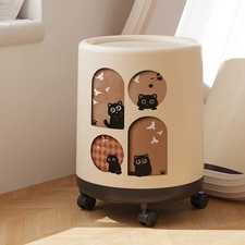 12L Small Garbage Can, Bathroom Plastic Cute Cat Trash Bin w/ Swing Lid  Wheel