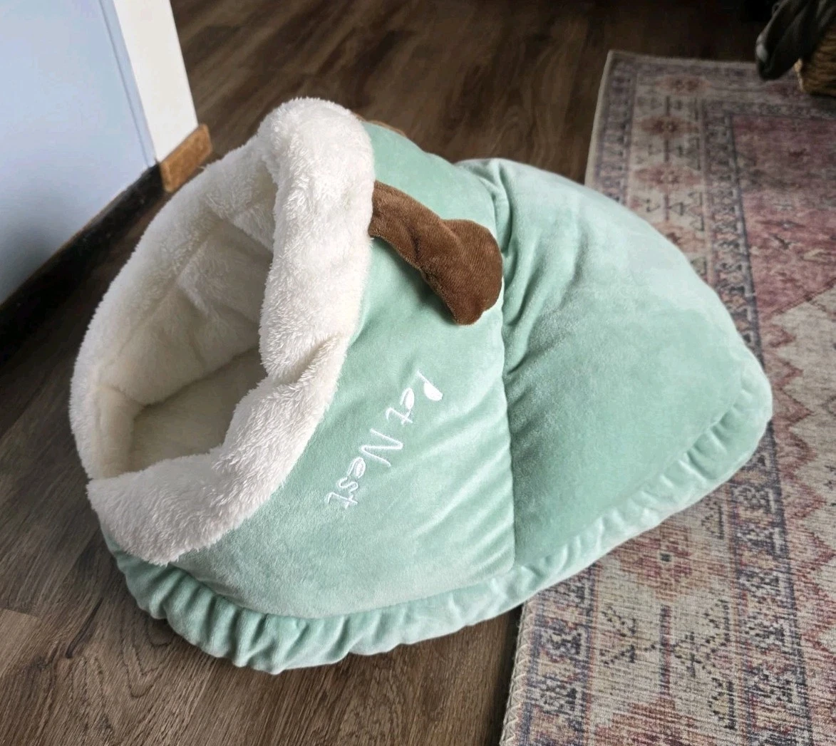 Pet Nest Cozy Cat Cave Bed Covered Hideaway House Mint Green Plush Small Pet Bed