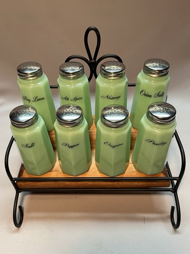 Mosser Glass Jadeite 8 Piece Salt, Pepper & Spices Shaker Set w/Stand - Picture 3 of 4