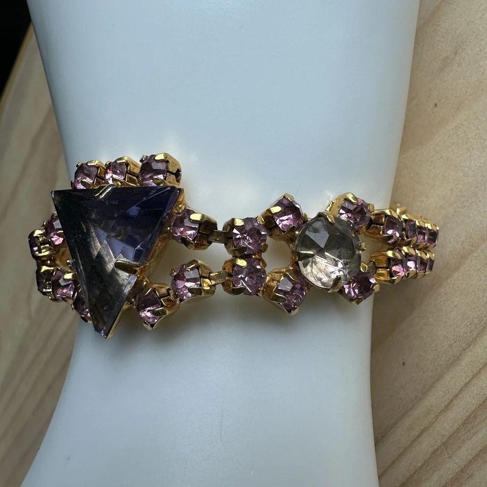 VTG Bracelet Size 6.5 Clear Pink Purple Triangle Crystal Rhinestones Gold Plated - Image 2 of 4