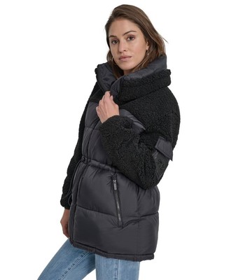 DKNY Womens Jacket Coat L Puffer Insulated Quilted Sherpa Mock Neck Black $169