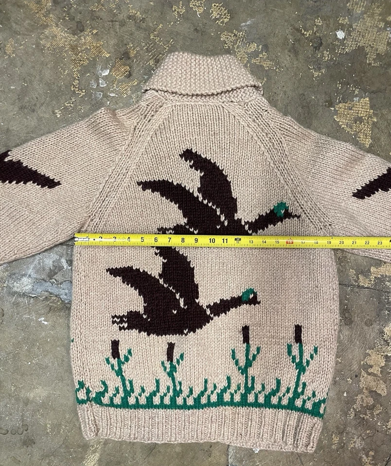 Suéter Vintage Cowichan Hecho a Mano Patos Pájaros Lana Tejido Cremallera Para Hombres M 50’s 60’s Foto 4 de 4