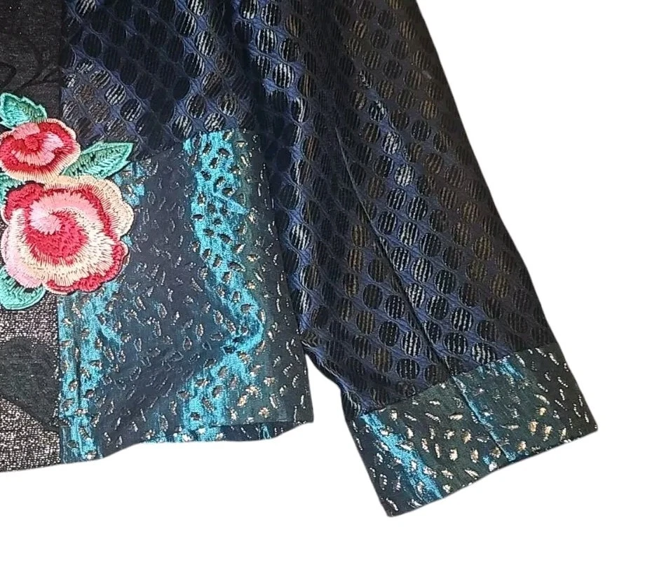 Chaqueta Blazer Para Mujer Julia Kim Patchwork 1X Boho Embellecida Arte para Usar Floral Foto 4 de 4