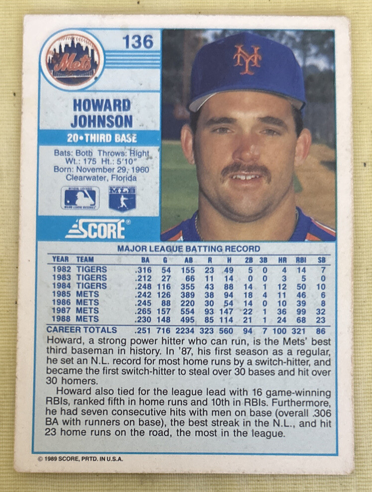 1989 Score Howard Johnson Baseball Card 136 Mets HOF 3B MidGrade VG O