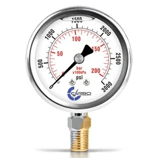 2.5" LIQUID FILLED PRESSURE GAUGE 0 - 3000 PSI, STAINLESS STEEL CASE LOWER MOUNT
