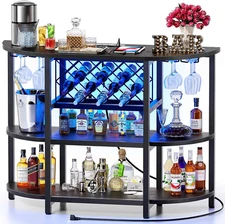 Bar Table Cabinet with Power Outlet, LED Home Mini Bar Cabinet for Liquor, Metal