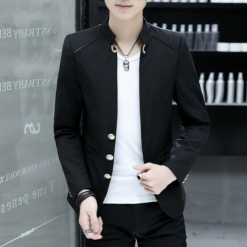 Korean Men's Slim Fit Blazer Jacket Single Breasted Stand Collar