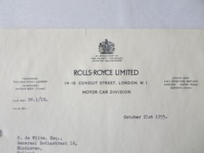 1955 Rolls Royce Limited Letter Letterhead Document Bentley Continental Wraith