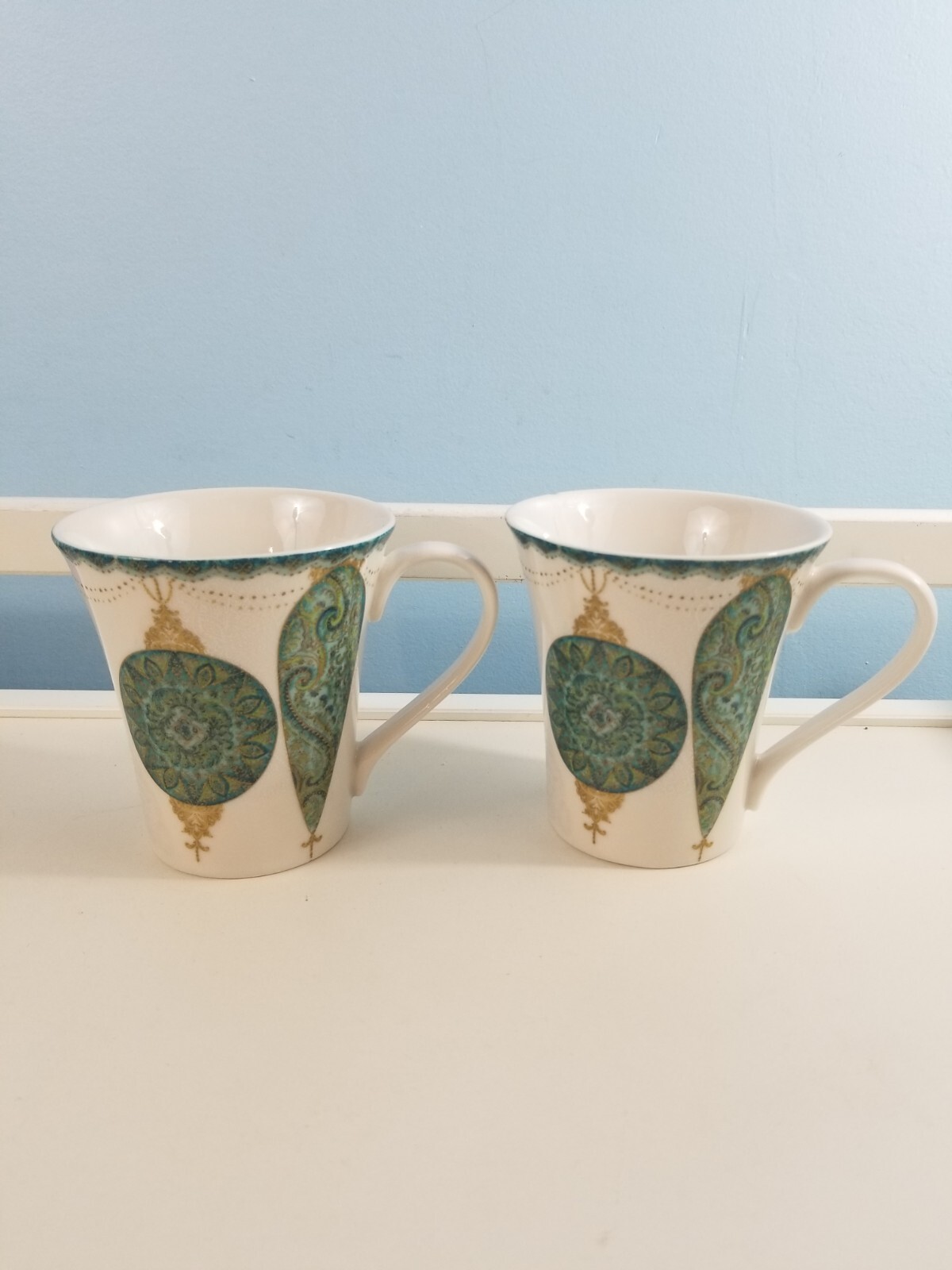 222 Fifth Constantia Fine China mug lot of 2 blue gold green paisley eBay