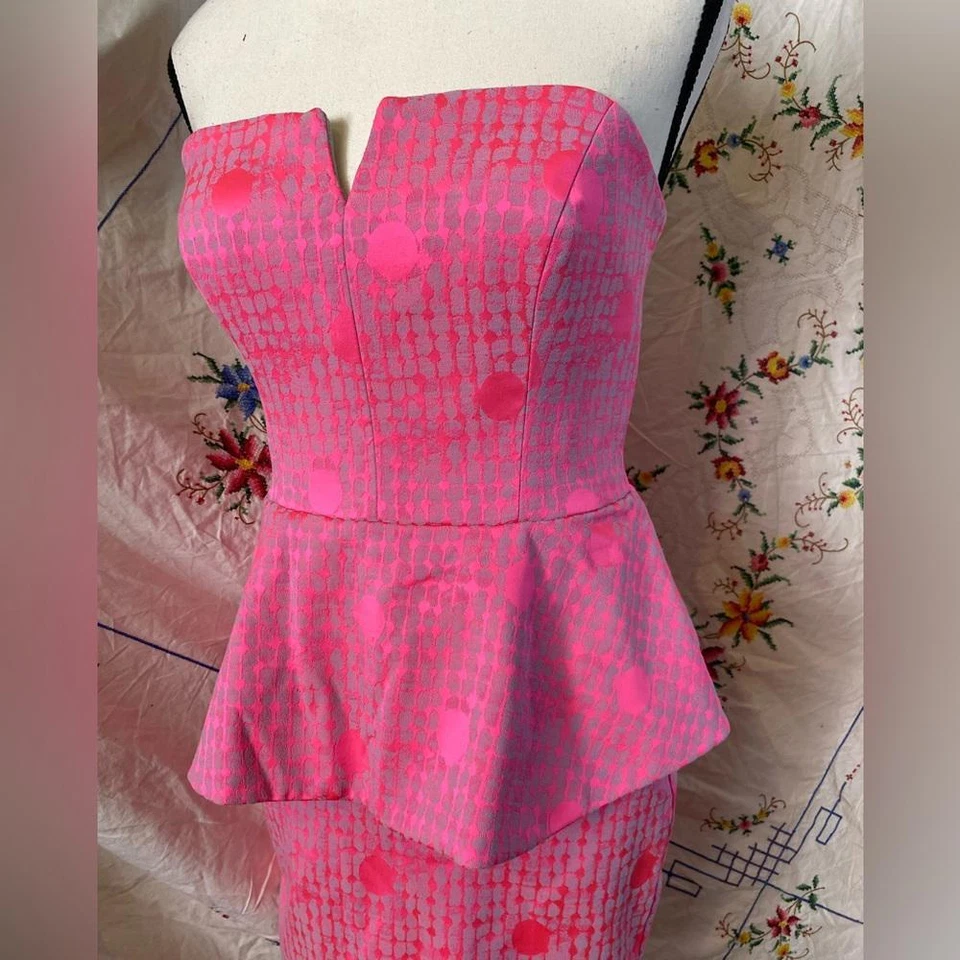 Vintage Nicole Miller Hot Pink Polka Dot Peplum Mini Dress - Image 3 of 4