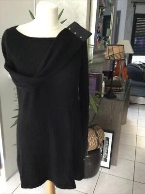 Pull robe MOHITO taille XL noir poignet cuir cloutè angora tres bon etat - Photo 1/4