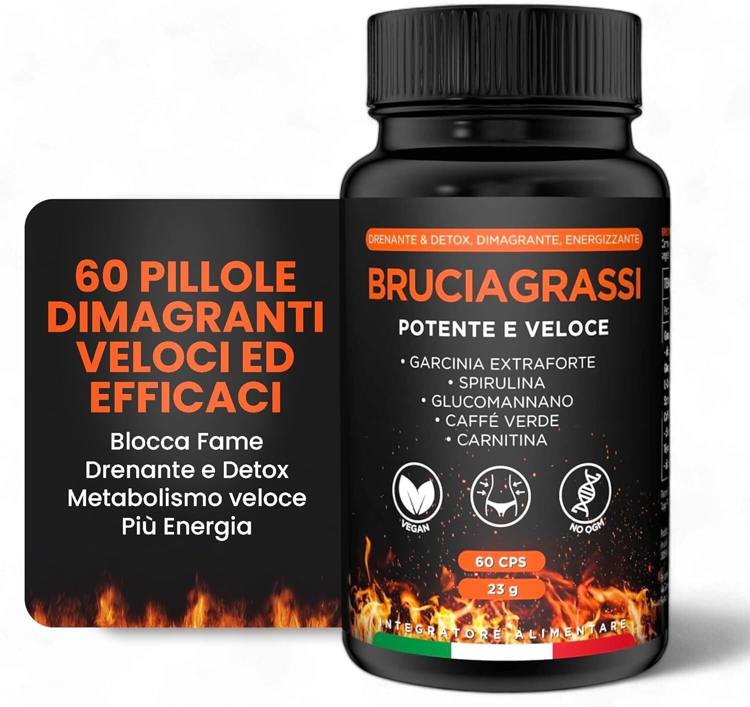 BRUCIA GRASSI POTENTI VELOCI 60 Pillole Dimagranti Veloci e Efficaci  100% Vegan