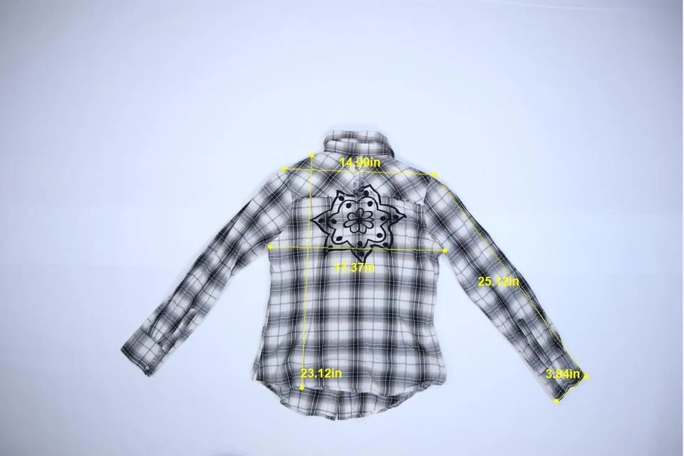 Camisa occidental a presión de perlas bordadas borde crudo manga corta a cuadros Roar para mujer L Foto 4 de 4