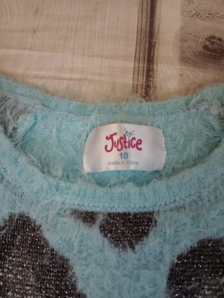 Suéter Justice Niñas Talla 10 SUAVE Difuso Mangas Largas Azul Gris Piel de Leopardo Usado en Excelente Condición Foto 4 de 4