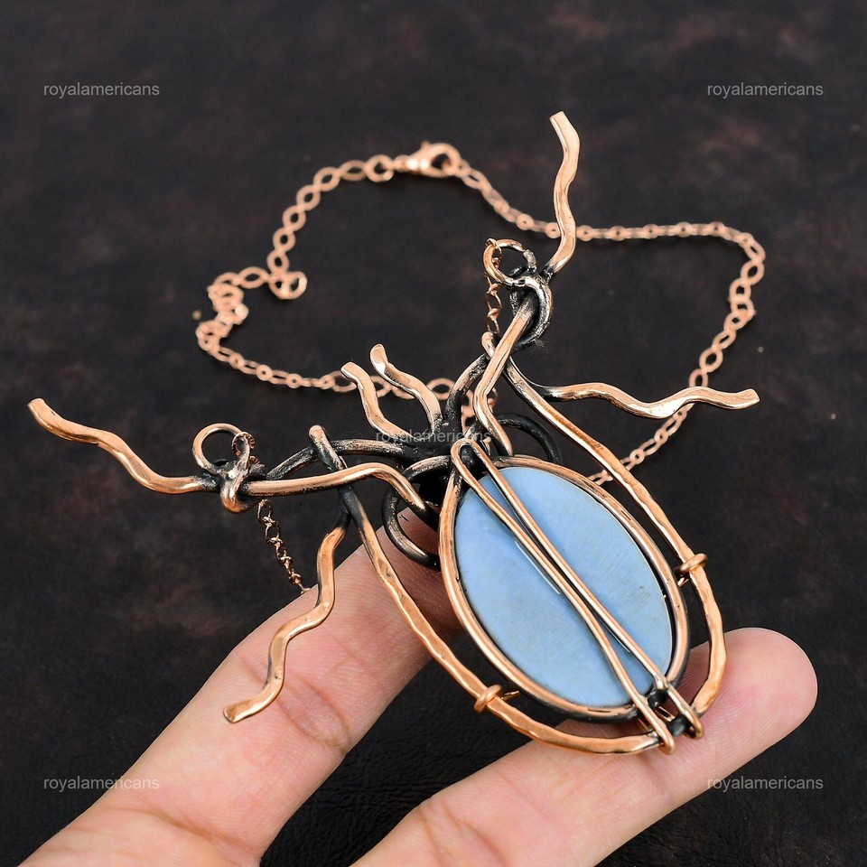 Oval Owyhee Blue Opal Stone Copper Chain Art Deco Wire Wrapped Flower