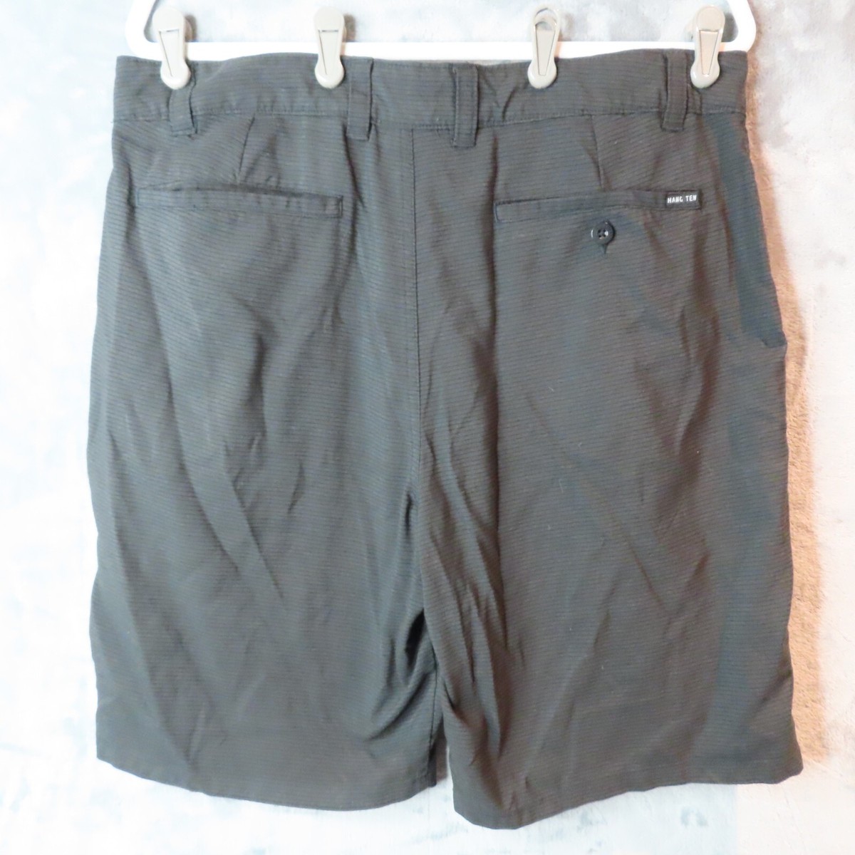 HANG TEN Shorts Mens 34 Black Gray Stripes Beach Surf 10