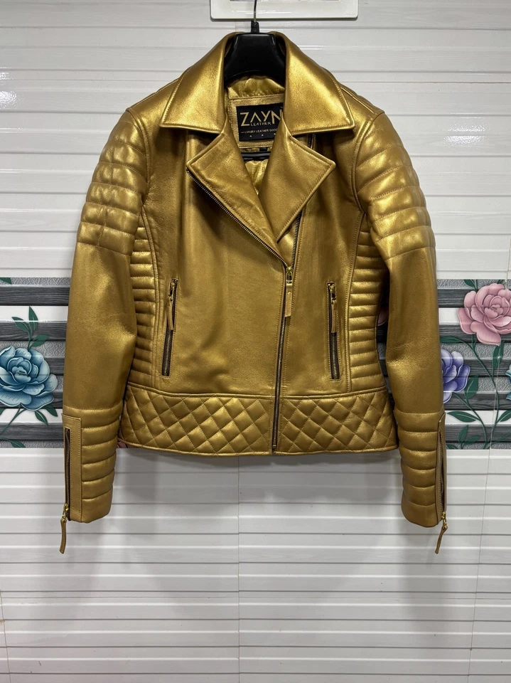 Женская золотистая металлическая цветная мотоциклетная куртка из натуральной кожи стеганая байкерская куртка - Изображение 2 из 4
