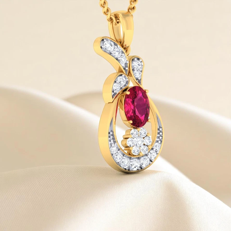 1.20 Carats F/VS1 Round Brilliant Cut Natural Diamonds Ruby Necklace in 14K Gold - Image 2 of 4