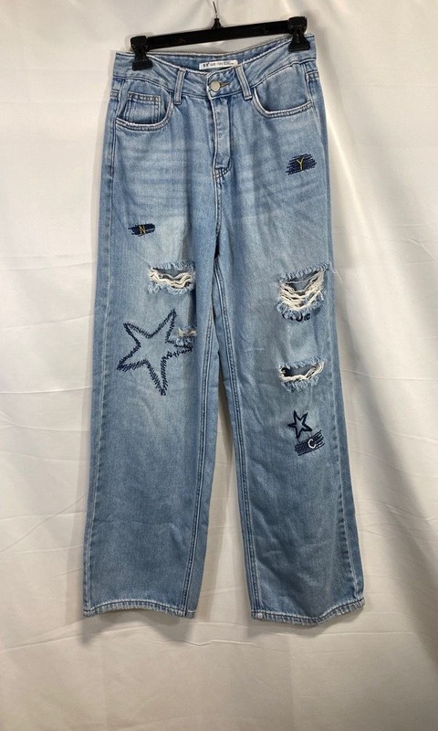 Shimi Studio Women's Light Wash Distressed Star Embroidered Wide Leg Jeans Sz 7
