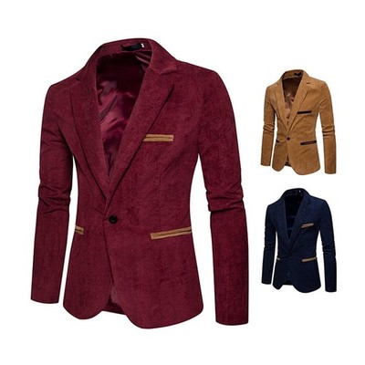 Herren Lässig Patchwork Cord Blazer Jacke Schmal Einknopf Anzug Tops