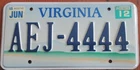 2012 SCENIC DESIGN VIRGINIA LICENSE PLATE # AEJ  4444  REPEATING 4444