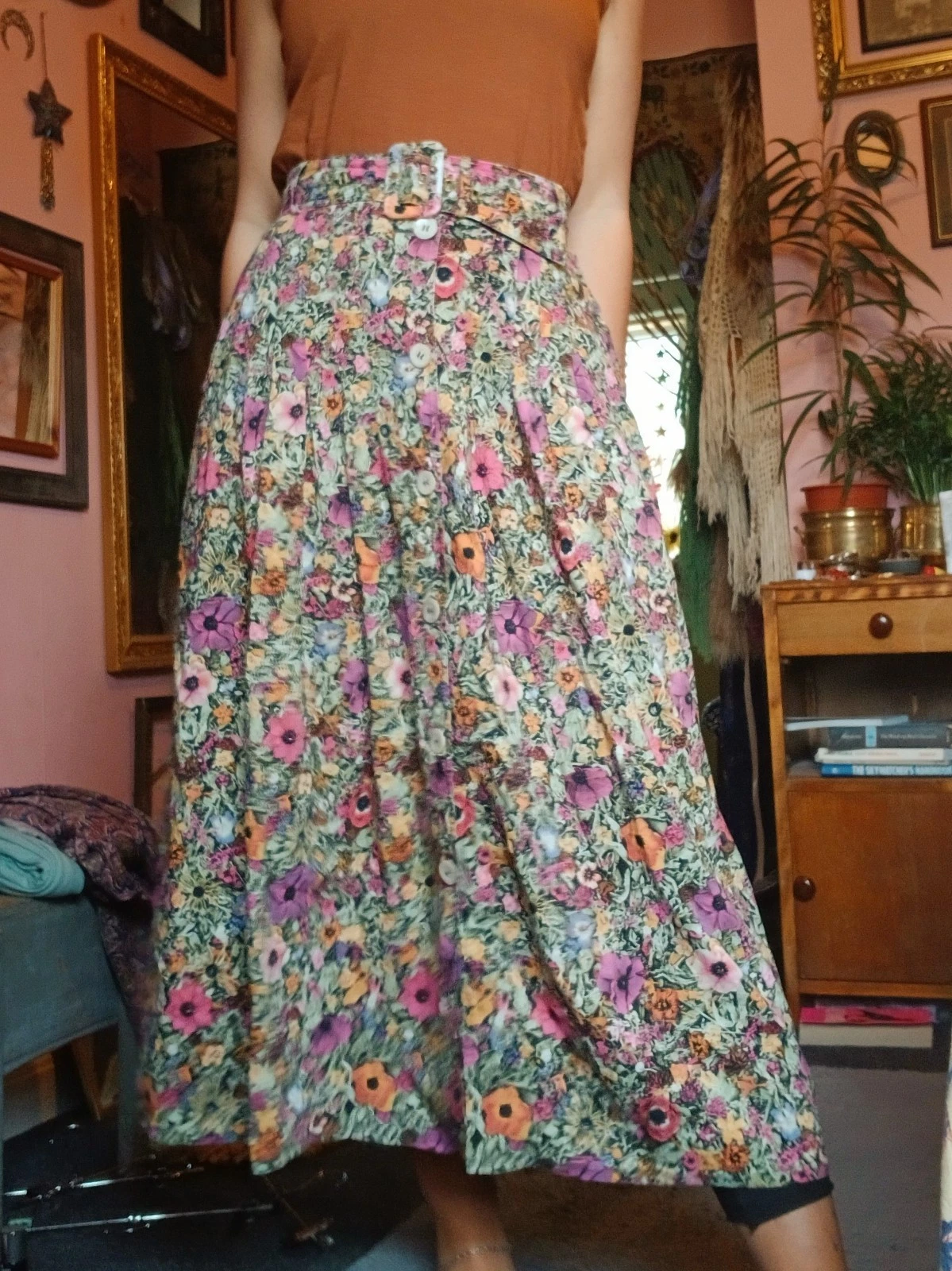 Vintage Wildflower Skirt Linen Silk Mix 10 Midi Maxi Pockets Wild Flowers Poppy