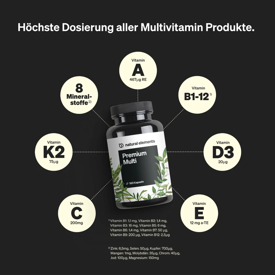 natural elements Premium Multivitamin – 180 Stk – Vitamine A-Z Premium-Rohstoffe - Bild 2 von 4