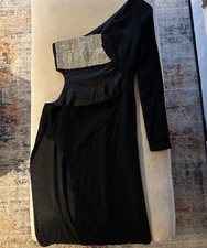 Black One Shoulder Rhinestone Cut Out Bodycon Dress Long Sleeve Slit