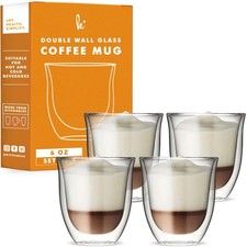 Kitchables Double Walled Glass Coffee Mugs Set of 4, 6oz Insulated for Latte/Cap