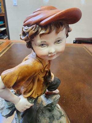 Italian Boy Figurine Resin Hand Painted Antique Finish Wooden Base