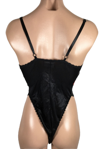 Vintage rot schwarz Wetlook Satin Teddi hoch geschnitten Teddy Strampler Body Dessous 90er S - Bild 2 von 8