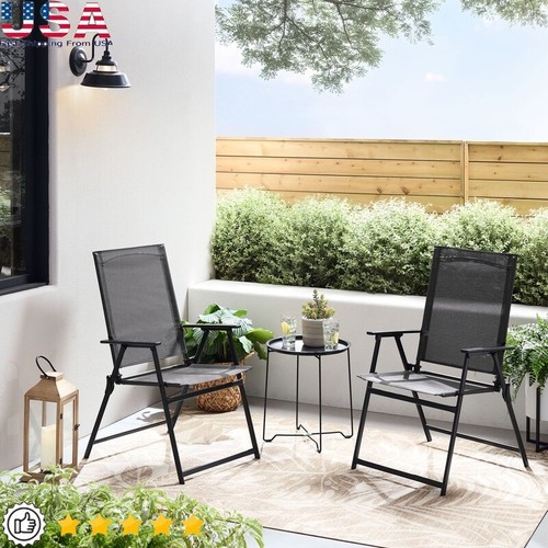 3-Piece Folding Outdoor Bistro Set Steel Sling Chairs Round Table Black PVC New