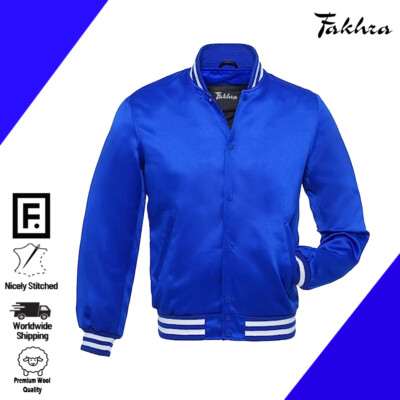 Royal Blue Satin College Letterman Jacket Premium Baseball-Inspired Outerwear,