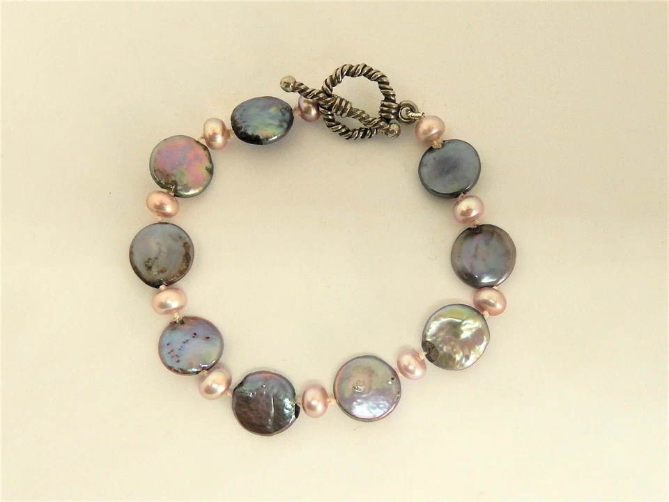 灰色薰衣草硬币珍珠手链/粉红色珍珠口音/手工制作 7-7.5 — 第 3/4 张图片