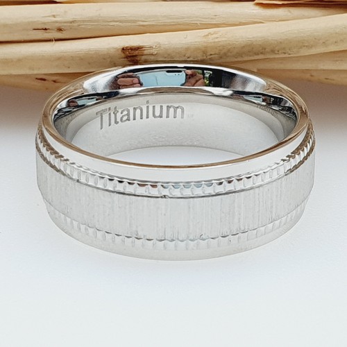 Titanium Ring Satin Finish Shiny Stepped Edge With Milgrain Titanium Groom Ring - Picture 5 of 7