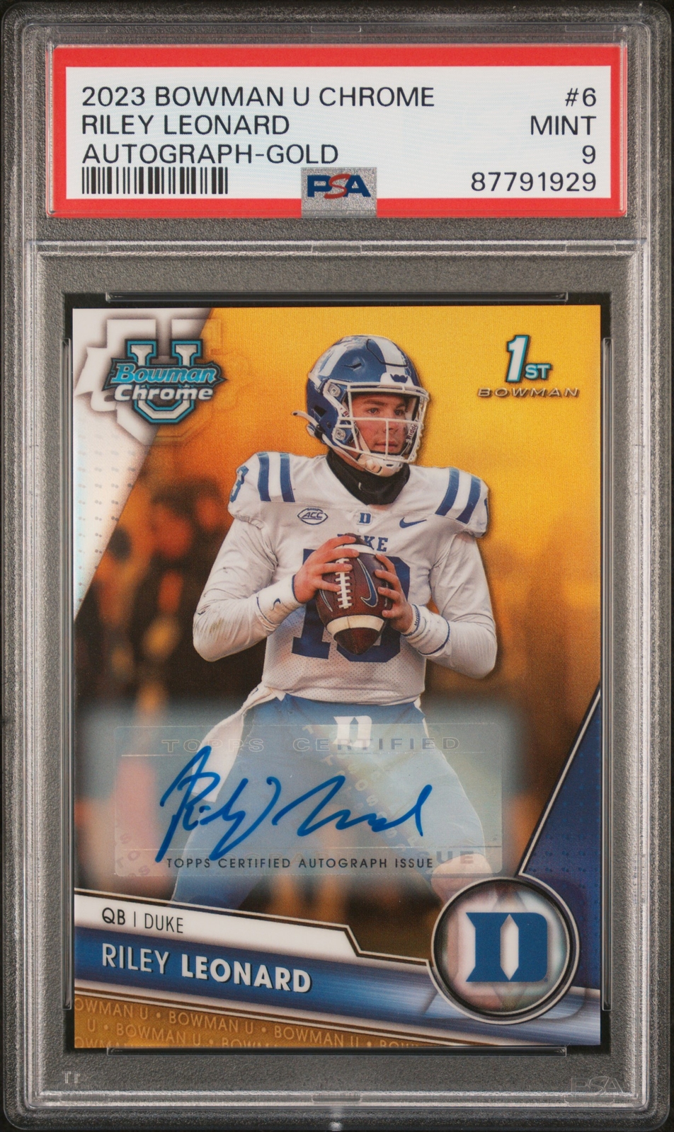 Riley Leonard 2023 Bowman University Chrome #6 Gold Refractor Auto /50 PSA 9