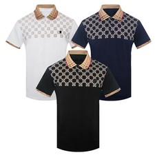Mens Polo Shirt Designer Italian Plaid Check Badge Logo Slim Fit Stretch Golf