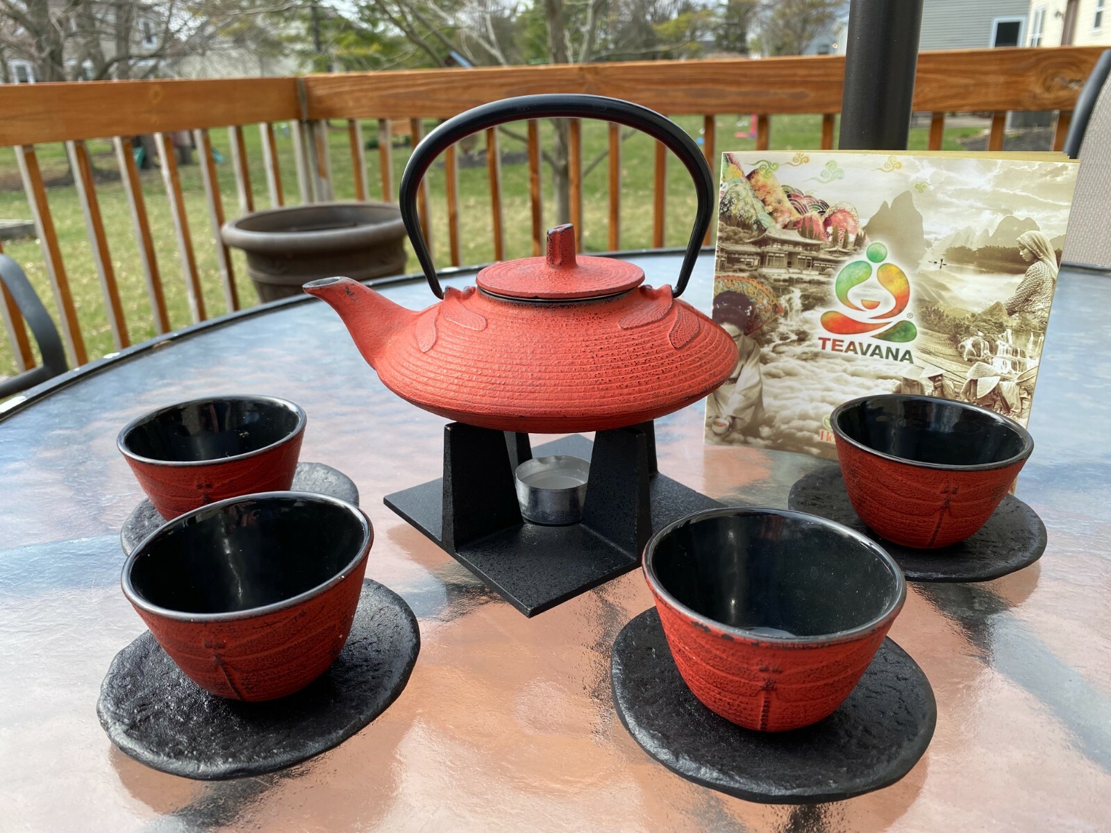 Teavana Red Dragonfly Teapot Set w/Strainer Coaster Cups Saucers eBay