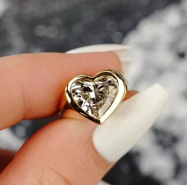 Real Moissanite 3Ct Heart Cut Bezel Set Engagement Ring 14k Yellow Gold  Plated