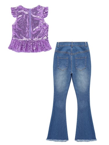 Kids Girls 2Pc Fashion Sequins Ruffle Hem Dance Shirt Top with Bell Bottoms Pant - Picture 35 of 57