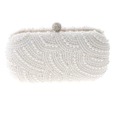 #ad Silver Tone Metal Hardware Frame Synthetic Pearl Clutch Evening Bag BZY228 WHT