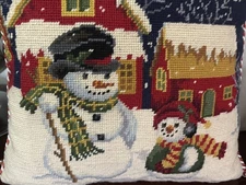 Vtg Needlepoint Pillow Snowmen Christmas starry night snow houses Velvet Backing