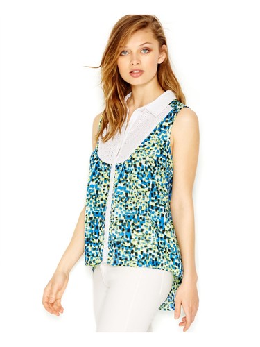 KENSIE Womens Blue Eyelet Printed Sleeveless Bib Neck Button Up Top Size: S - Picture 4 of 9