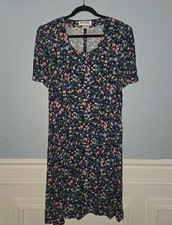 Vintage 90s Blue Floral Pearl Button Midi Dress Size Medium Cottagecore Retro
