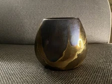 Vintage Neilsen Signed Iridescent Drip Glaze Gold Purple East West Vase Mini 3.5